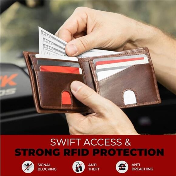 RFID Blocking Bifold Wallet Soft Genuine Leather Brown Western - Picture 3 of 7